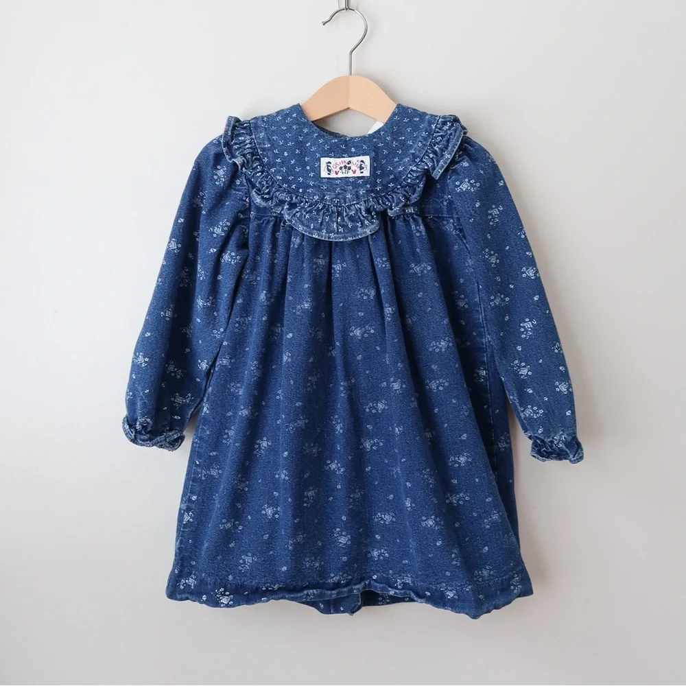 Vintage OshKosh B'Gosh Girl & Flowers Print Long Sleeve Denim Bib Dress 3-4T